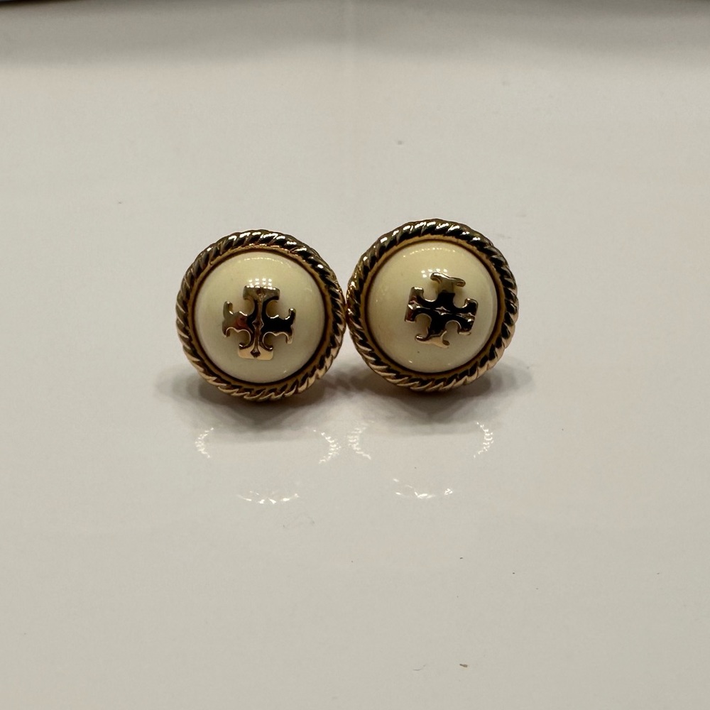 Tory Burch Off White and Gold Stud Earrings